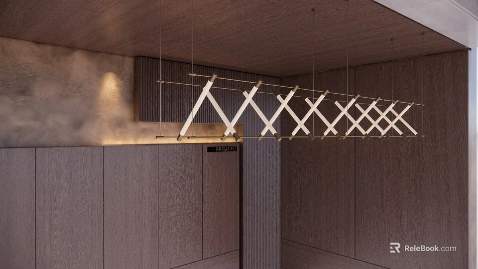 Elegant Specialty Store Interior With Wooden Ceiling And Cross Shaped Pendant Lights 3d model 
