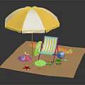 Cartoon Beach Scene With Yellow And White Umbrella Striped Deck Chair Lifebuoy And Flip Flops