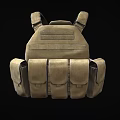 Game Movie Character Wearing Brown Military Style Tactical Vest With Multiple Pockets And Thick Straps