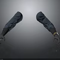 Mechanical Arms With Blue Pants And Metallic Hands On Reflective Floor