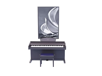 Abstract Wall Art Above Black Upright Piano With Padded Stool 3d model