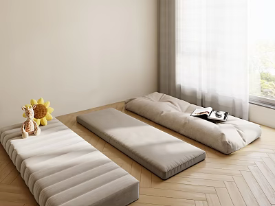 Cozy Padded Floor Mats In Room With Sunlight Wooden Floor Sunflower Decoration And Magazine 3d model