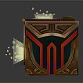 Ornate Golden Cube With Red Blue Stripes Glowing Light And Reflective Base
