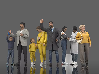 Diverse group of people waving and standing with different colored clothing on gray reflective background 3d model