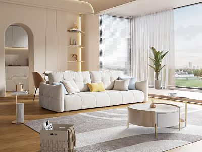 Elegant Modern Living Dining Room Interior With Sofa Pillows Round Table Large Window And Plant 3d model