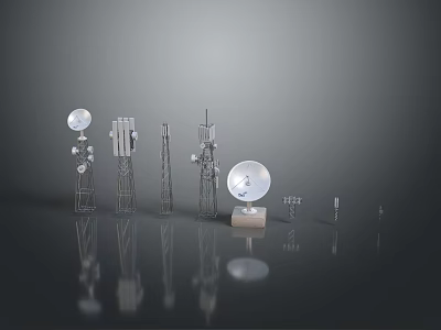 Metal Tower Like Structures With Circular Components And Various Height Stands On Reflective Surface 3d model