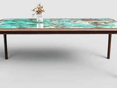Modern Dining Table With Green Brown Patterned Top And Vase Of Colorful Flowers 3d model
