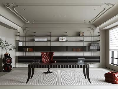 Elegant Study Room Interior With Black Desk Red Leather Chair Laptop And Bookshelves 3d model
