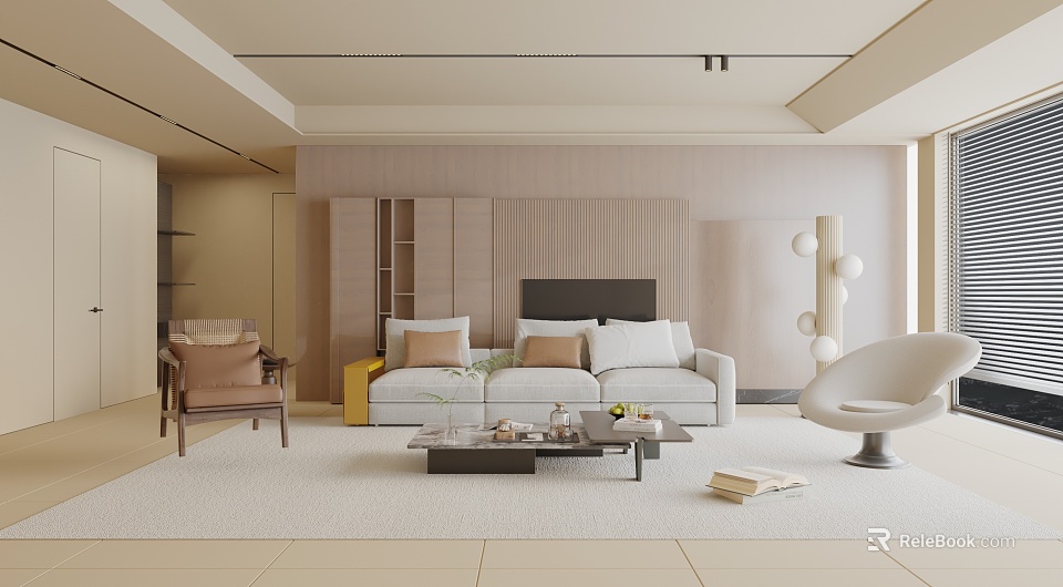 Modern Living Room Interior With Beige Sofa Throw Pillows Round White Chair And Coffee Table 3d model 