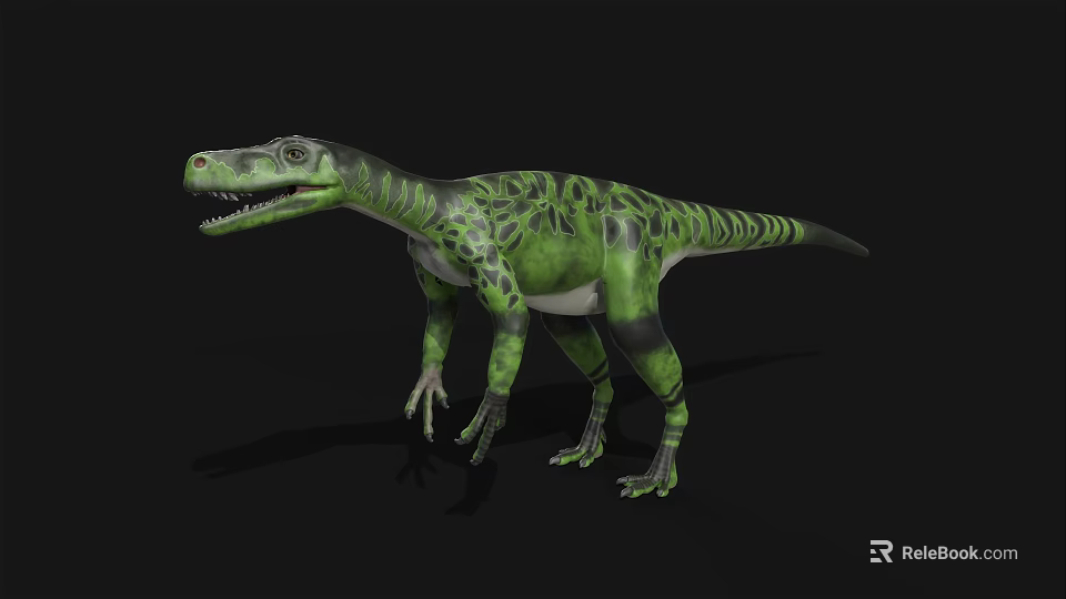 Realistic 3D Green And Black Patterned Dinosaur Model Standing On Black Background 3d model 