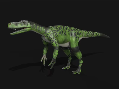 Realistic 3D Green And Black Patterned Dinosaur Model Standing On Black Background 3d model
