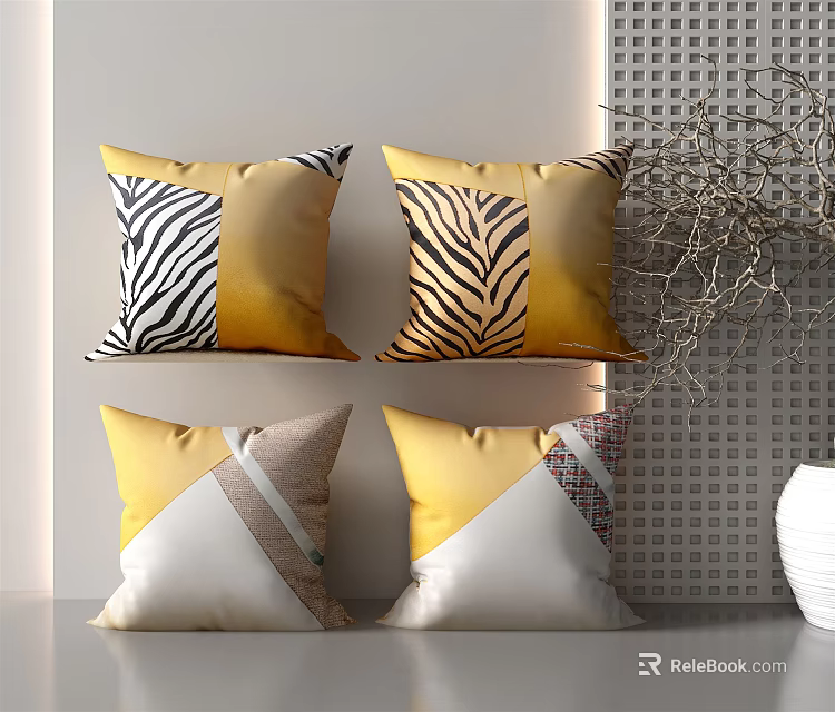 Modern Decorative Throw Pillows With Zebra And Geometric Patterns In Yellow Beige White 3d model 