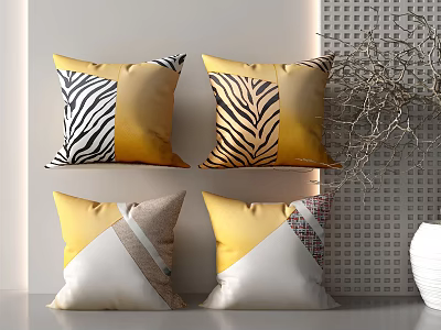 Modern Decorative Throw Pillows With Zebra And Geometric Patterns In Yellow Beige White 3d model