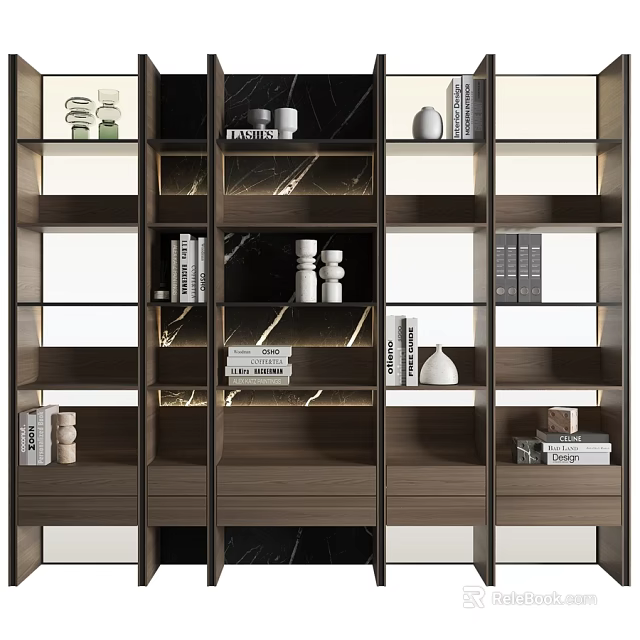 Modern Wooden Bookcase With Black Marble Shelves Books Decorative Items And Lighting 3d model 