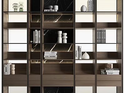 Modern Wooden Bookcase With Black Marble Shelves Books Decorative Items And Lighting 3d model