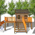 Wooden Outdoor Playhouse With Orange Slide Staircase Trees And Kids Playing