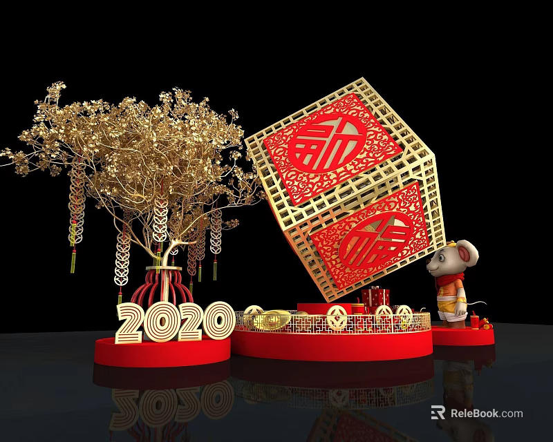 Tech Exhibition Hall with 2020 Golden Tree Red Fu Decoration Little Mouse and Gold Ingots 3d model 