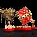 Tech Exhibition Hall with 2020 Golden Tree Red Fu Decoration Little Mouse and Gold Ingots