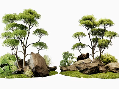 Bushy Lush Green Shrubs With Rocks Grass And Small Plants In Garden Landscape 3d model