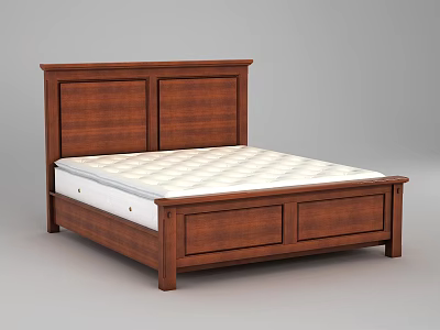 Wooden Double Bed With Double Panel Headboard And White Quilted Mattress 3d model