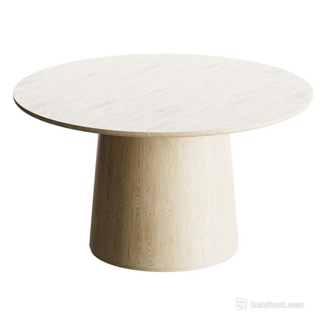 Round Light Colored Wooden Dining Table With Cylindrical Base And Modern Design 3d model