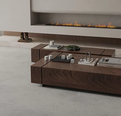 Modern Walnut Coffee Table In Living Room With Books Tray And Decor Items 3d model