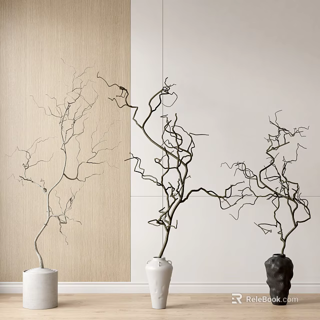 Decorative Branches in White and Black Vases on Wooden and Light Wall Background 3d model 