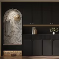 Stylish Entryway Design With Black Cabinets Patterned Wallpaper And Decorative Elements 3d model
