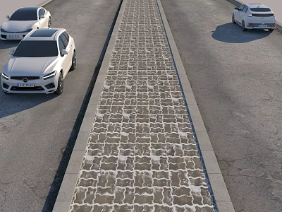 Stone Brick Road Median Facility With White Cars On Both Sides 3d model