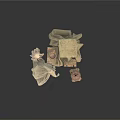 Sculptural Art Display With Beige Cloth Covered Objects Clay Jar And Wooden Chest Drawers
