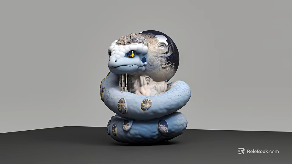 Artistic Blue Coiled Snake Reptile Sculpture With Decorative Sphere And Intricate Patterns 3d model 