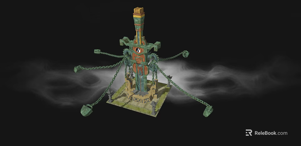 Cartoon Scene With Tall Green Orange Tower Connected By Chains And Smoke Effects On Base 3d model 