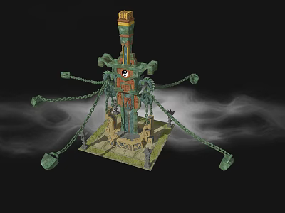 Cartoon Scene With Tall Green Orange Tower Connected By Chains And Smoke Effects On Base 3d model