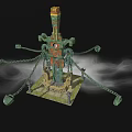Cartoon Scene With Tall Green Orange Tower Connected By Chains And Smoke Effects On Base