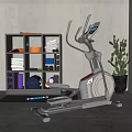 Modern Indoor Fitness Equipment With Elliptical Trainer Storage Shelf Towels Dumbbells And Yoga Ball
