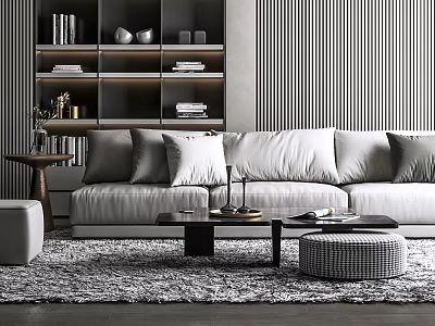 Modern Living Room Sofa Coffee Table Set With Soft Pillows And Decorative Rug 3d model