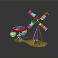 Colorful Windmill Model With Blades Small Figures On Base Circular Platform And Bowls
