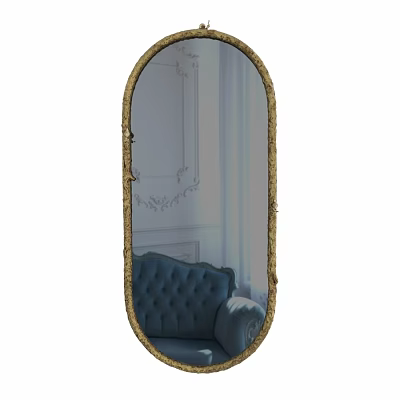 Ornate Gold Framed Oval Mirror Reflecting Blue Tufted Sofa And White Wall 3d model