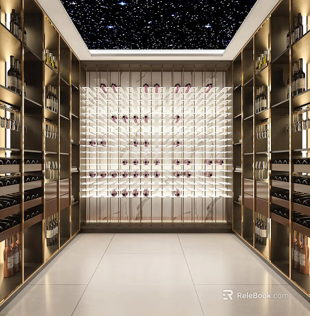 Modern Wine Cellar Interior Design With Rows Of Wine Racks And Arranged Bottles 3d model 