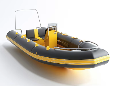 Yellow and Gray Inflatable Boat with Metal Frame Seats and Handrails 3d model