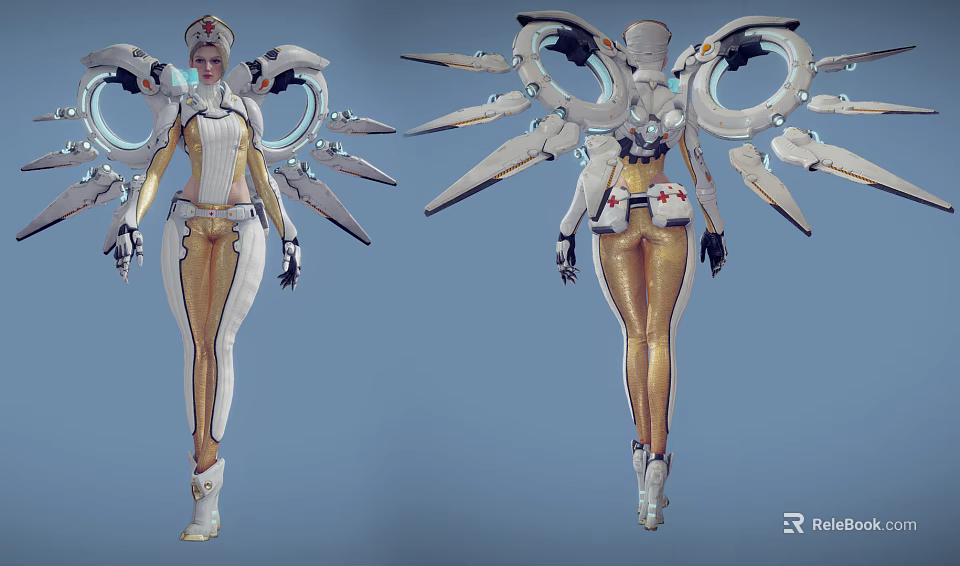 Two Futuristic Sci-Fi Characters With Golden White Outfits And Mechanical Winged Armor Design 3d model 