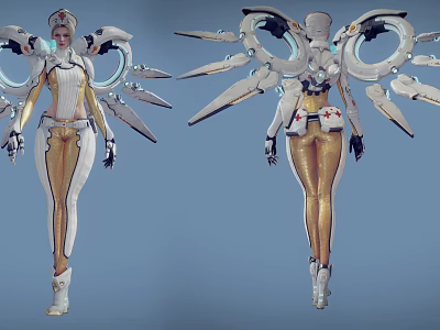 Two Futuristic Sci-Fi Characters With Golden White Outfits And Mechanical Winged Armor Design 3d model