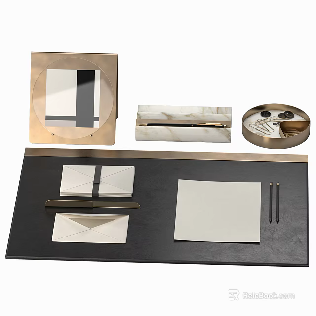 Modern Elegant Decorative Ornament Set With Metal Frame Marble Box Tray Notepad And Pen Holder 3d model 
