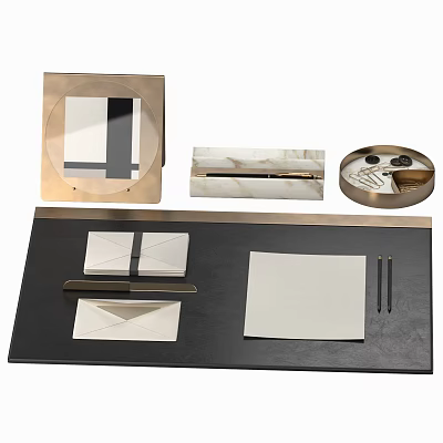 Modern Elegant Decorative Ornament Set With Metal Frame Marble Box Tray Notepad And Pen Holder 3d model