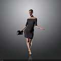 Woman Wearing Off Shoulder Dress with Clutch Bag Striking Elegant Pose on Gray Background