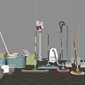 Neatly Arranged Household Cleaning Tools In Various Colors Including Mops Buckets And Brooms