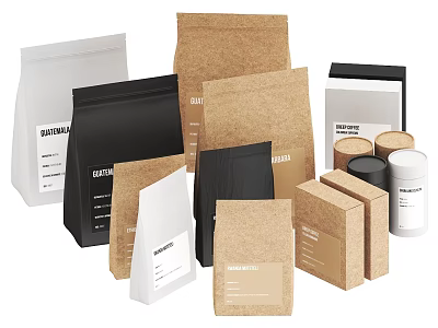 Modern Beverage Packaging Collection With Kraft Paper Black White Bags Boxes And Cans 3d model