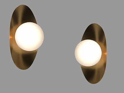 Two Modern Golden Wall Lights With Round White Bulbs And Circular Base 3d model