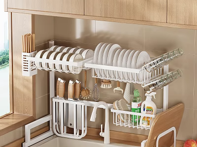 Modern Kitchen Dishware Set On Wall Mounted Rack With Plates Bowls Utensils And Storage 3d model