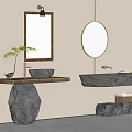 Natural Stone Washbasin Design Featuring Striped Mirrors Plant And Rustic Elements 3d model